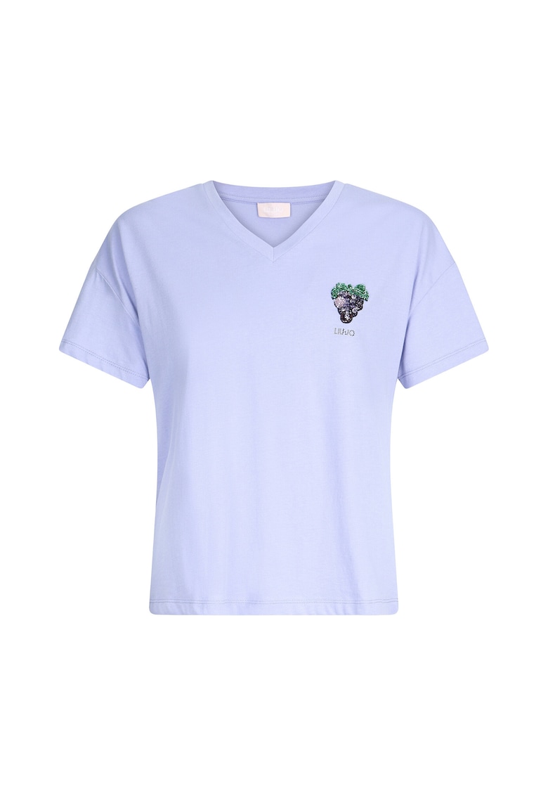 Tricou de bumbac cu decolteu in V si margele