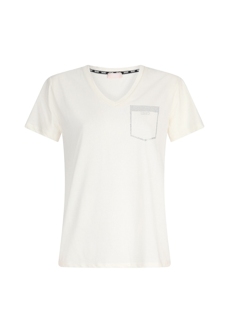 Tricou cu decolteu in V si buzunar fals cu strasuri