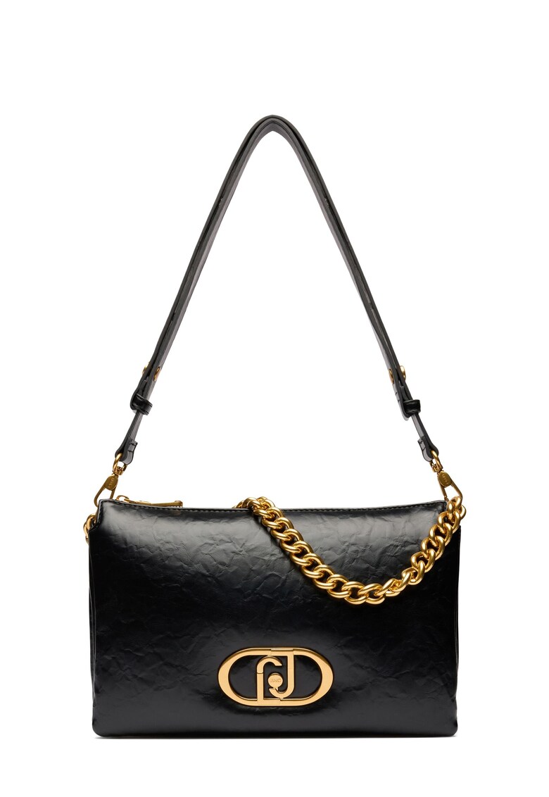 Geanta de piele ecologica cu bareta de umar si lant decorativ - Negru