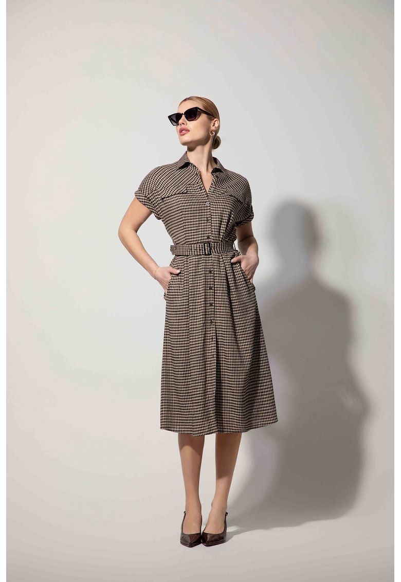 Rochie midi tip camasa cu imprimeu in carouri - Bej inchis
