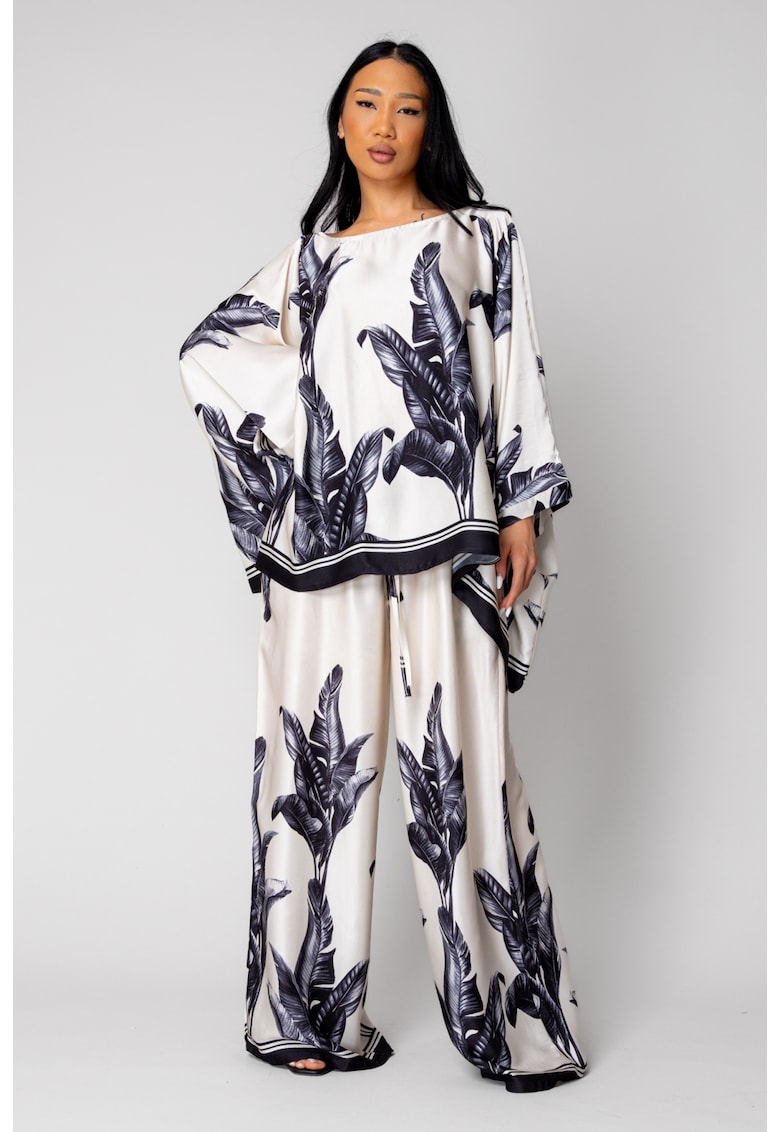 Set Shells Bluza si pantalon lung din mix matase Off White/ Black 15866