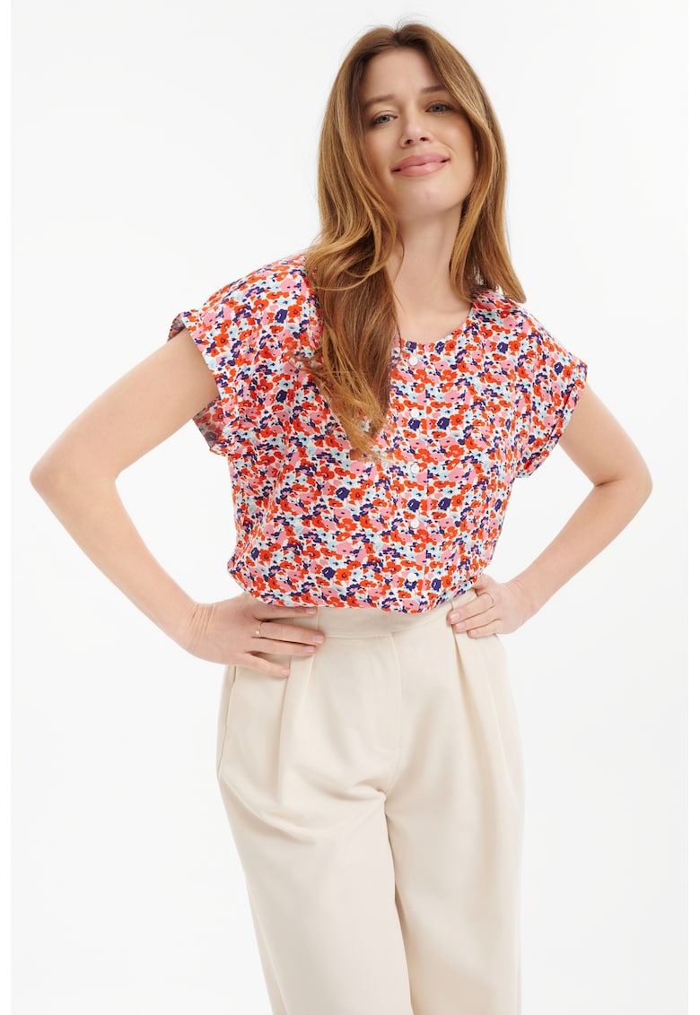 Bluza cu decolteu rotund si nasturi - Rosu vermillion/Roz/Albastru