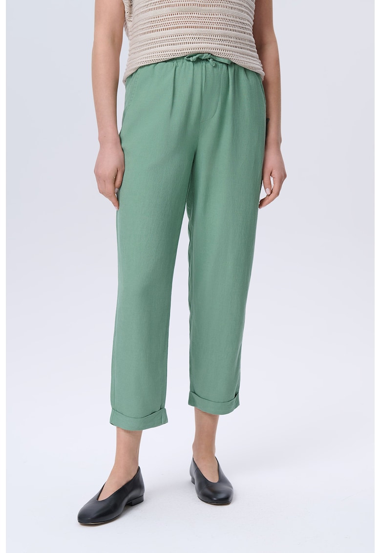 Pantaloni crop din amestec de in cu snur
