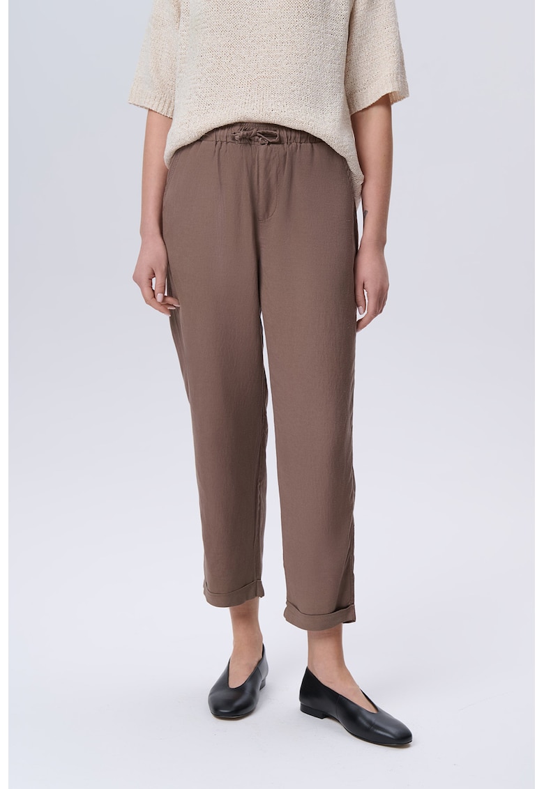 Pantaloni crop din amestec de in cu snur