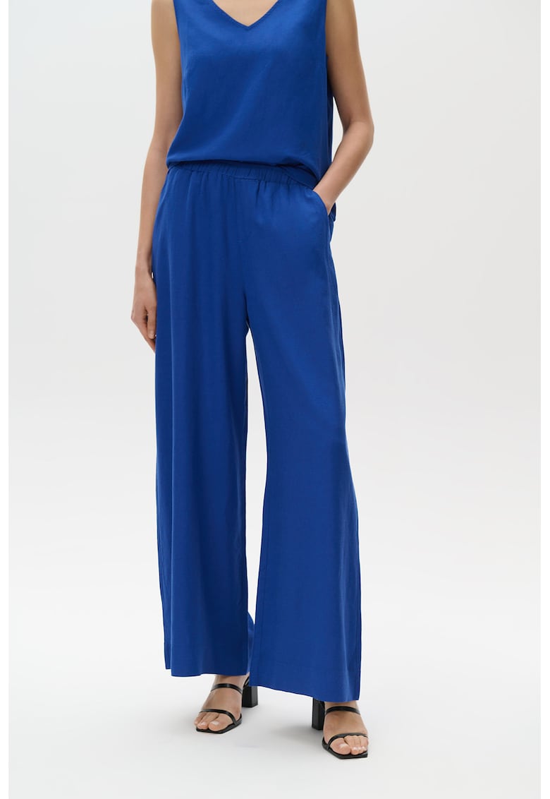 Pantaloni ampli din amestec de in cu talie inalta