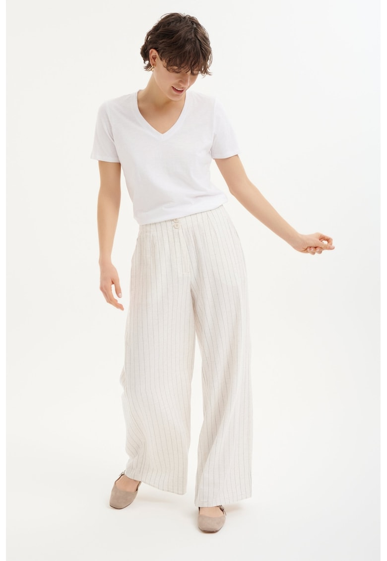 Pantaloni cu croiala ampla si talie inalta - Alb/Gri