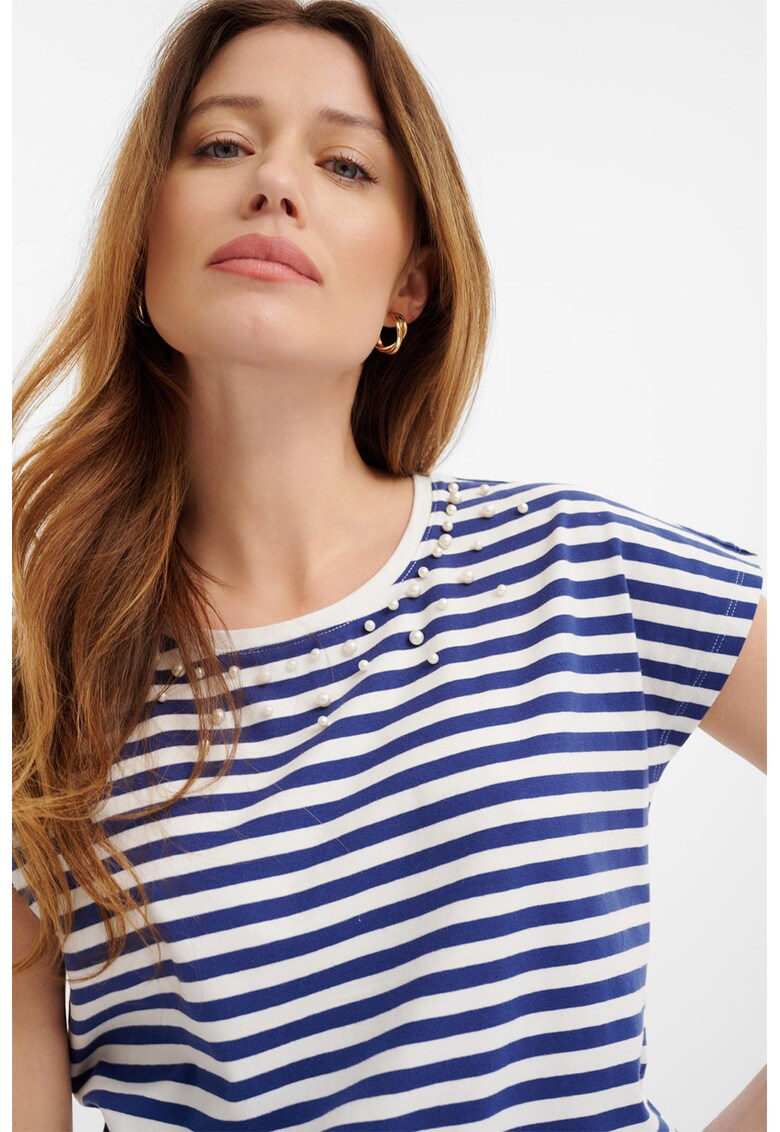 Tricou in dungi cu strasuri - Albastru inchis/Alb optic