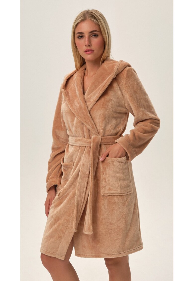 Halat dama Fiora Bey - bej - fleece - maneca lunga - gluga -