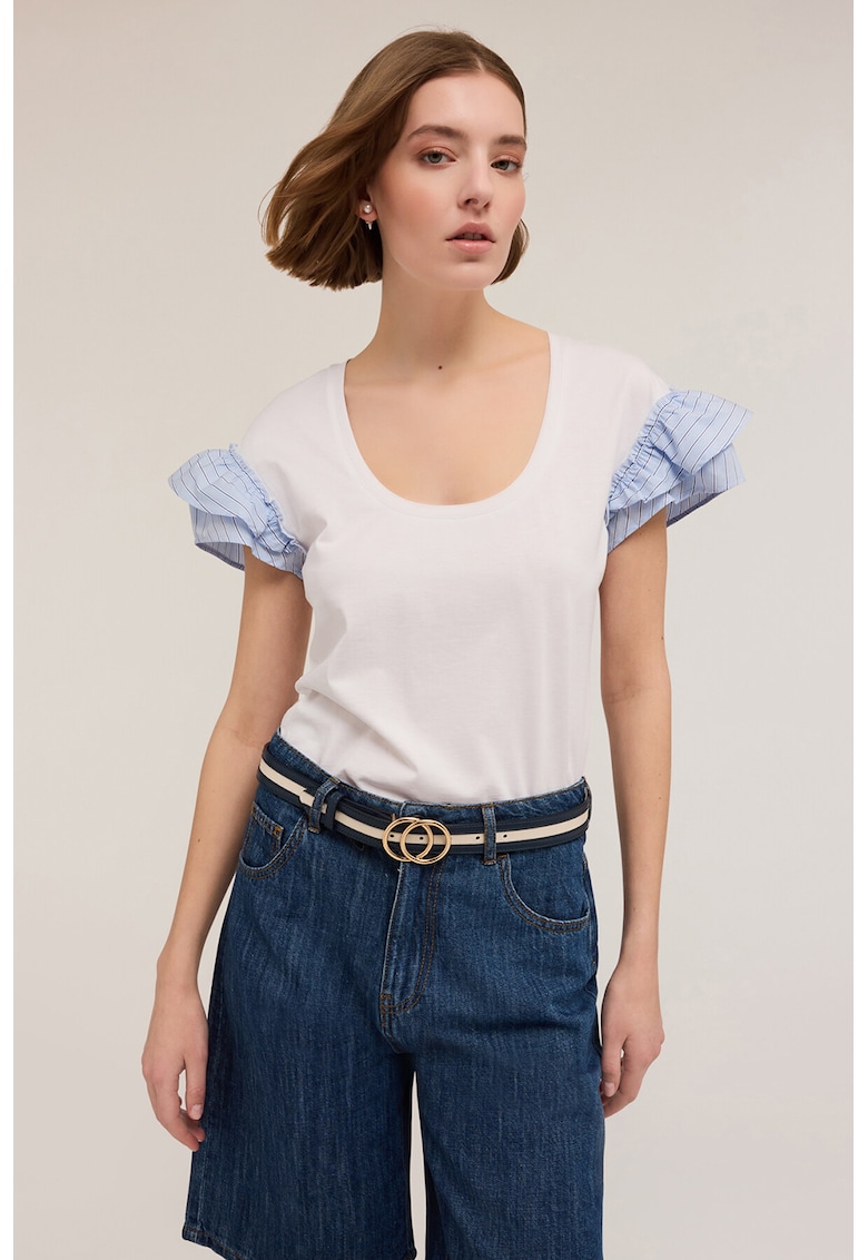 Tricou cu maneci cu volane - Alb/Albastru deschis