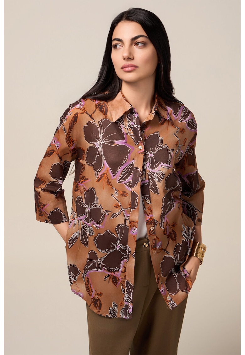 Camasa cu model floral si maneci 3/4 - Maro/Lila