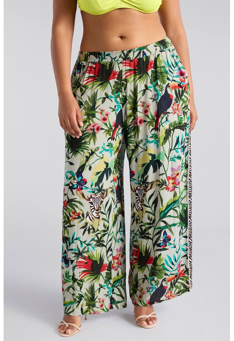 Pantaloni drepti cu model tropical