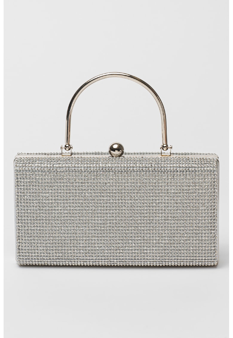 Geanta minaudiere decorata cu strasuri si maner metalic rotunjit