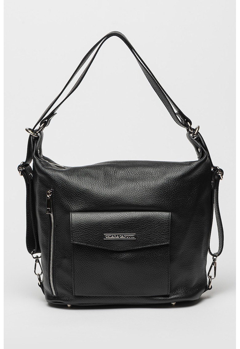 Geanta de piele cu bareta de umar si buzunar frontal cu clapa - Negru