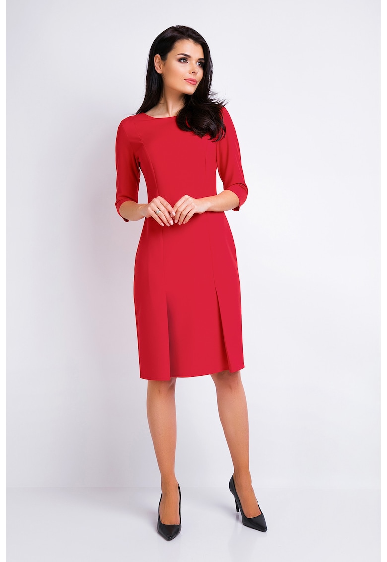 Rochie eleganta office midi cu maneci 3/4 si pliuri - - Rosu
