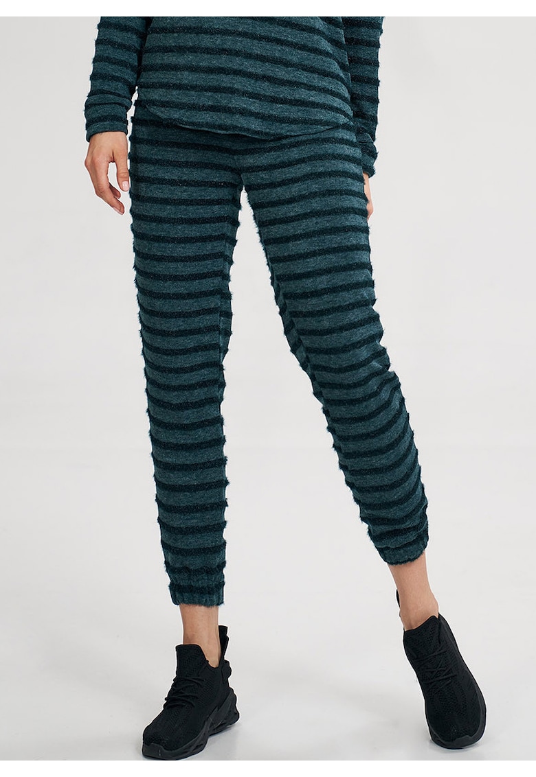 Pantaloni dama M813 - verzi - talie elastica - din poliester/elastan/viscoza - cu dungi -