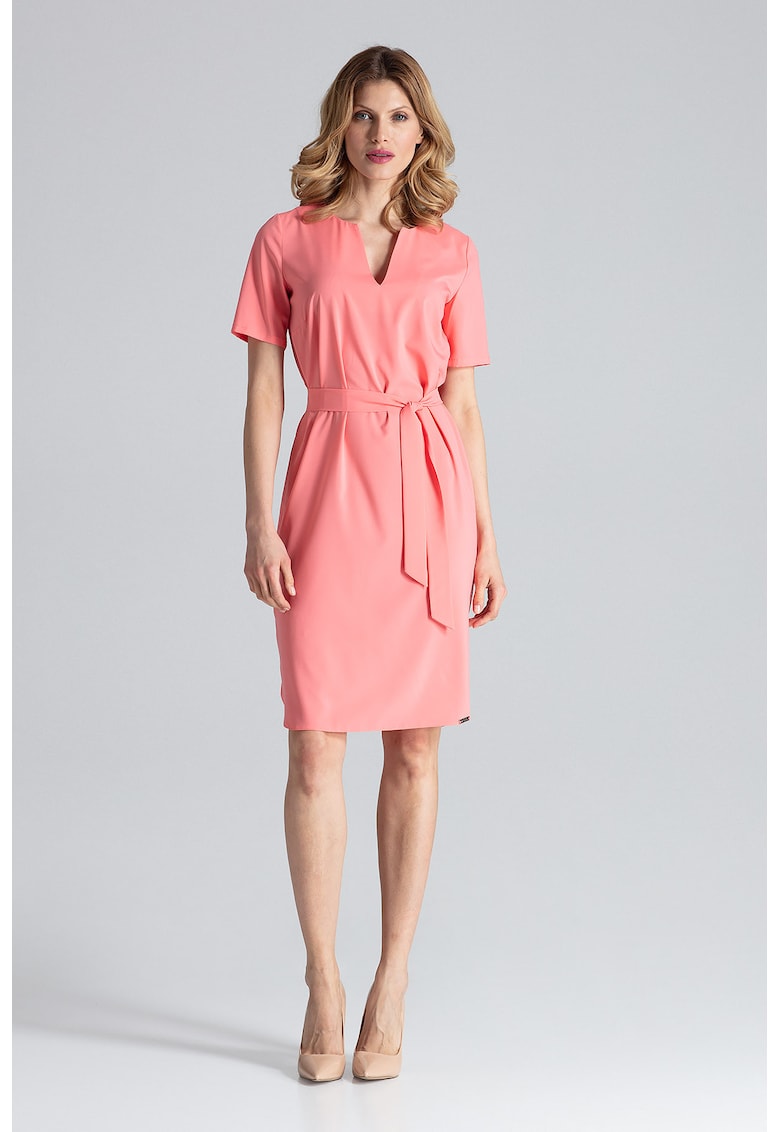 Rochie midi M669 Koral - roz - poliester - maneca scurta