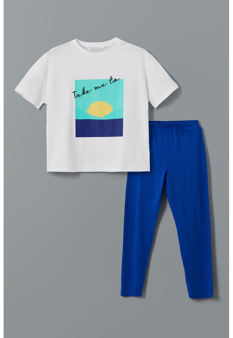 Pijama din bumbac cu imprimeu - Alb/Albastru royal