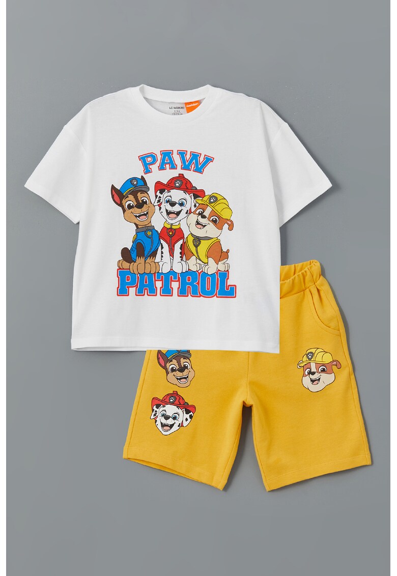 Set de tricou si pantaloni cu imprimeu Paw Patrol - 2 piese - Rosu/Alb/Galben sofran