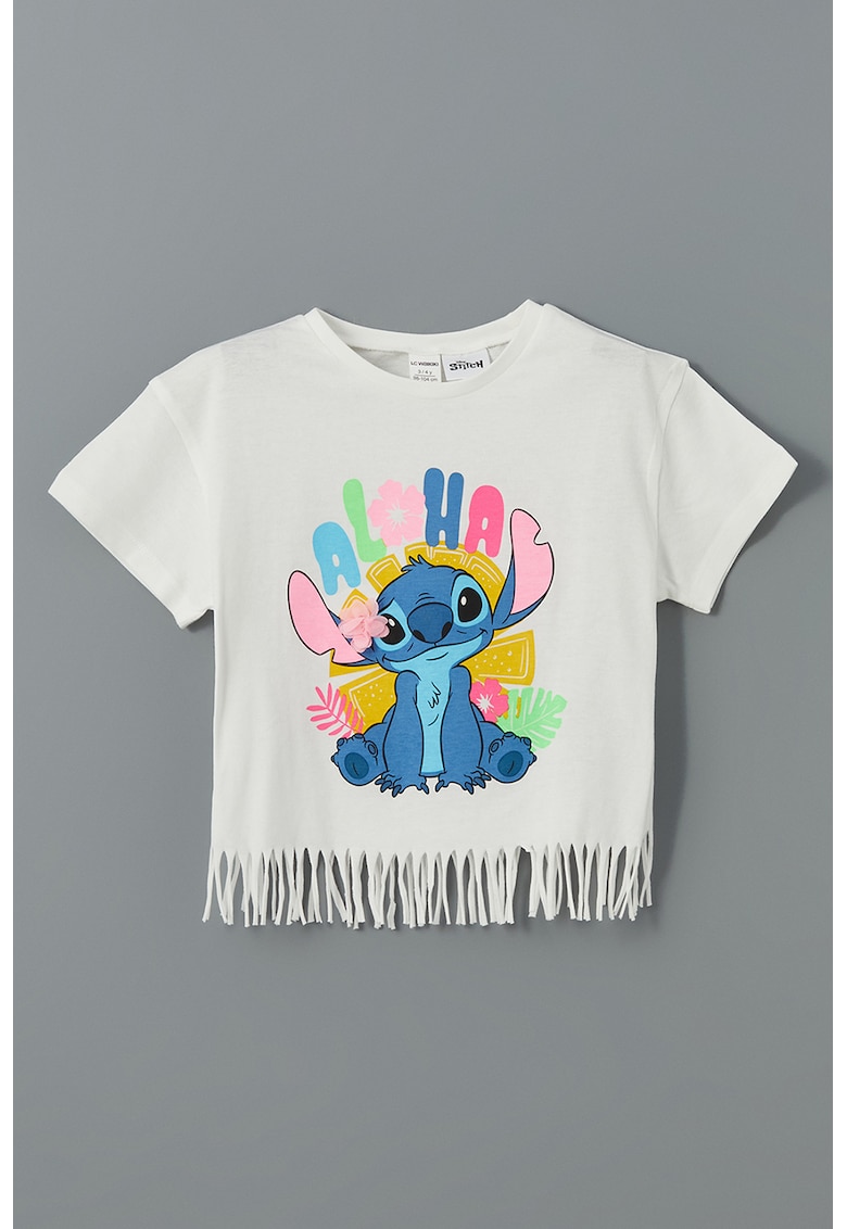 Tricou cu imprimeu cu desene animate si franjuri - Albastru pastel/Roz pastel/Alb murdar