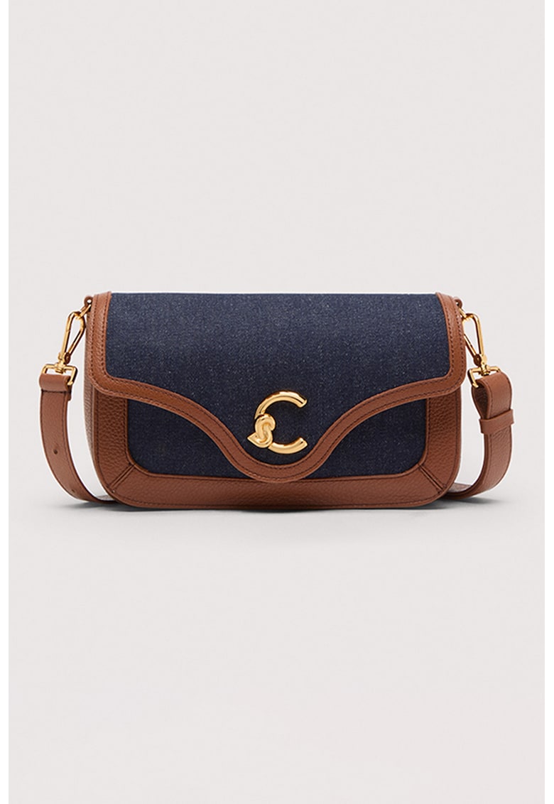 Geanta de piele cu bareta de umar - clapa si insertii de denim Geanta de piele cu bareta de umar - clapa si insertii de denim