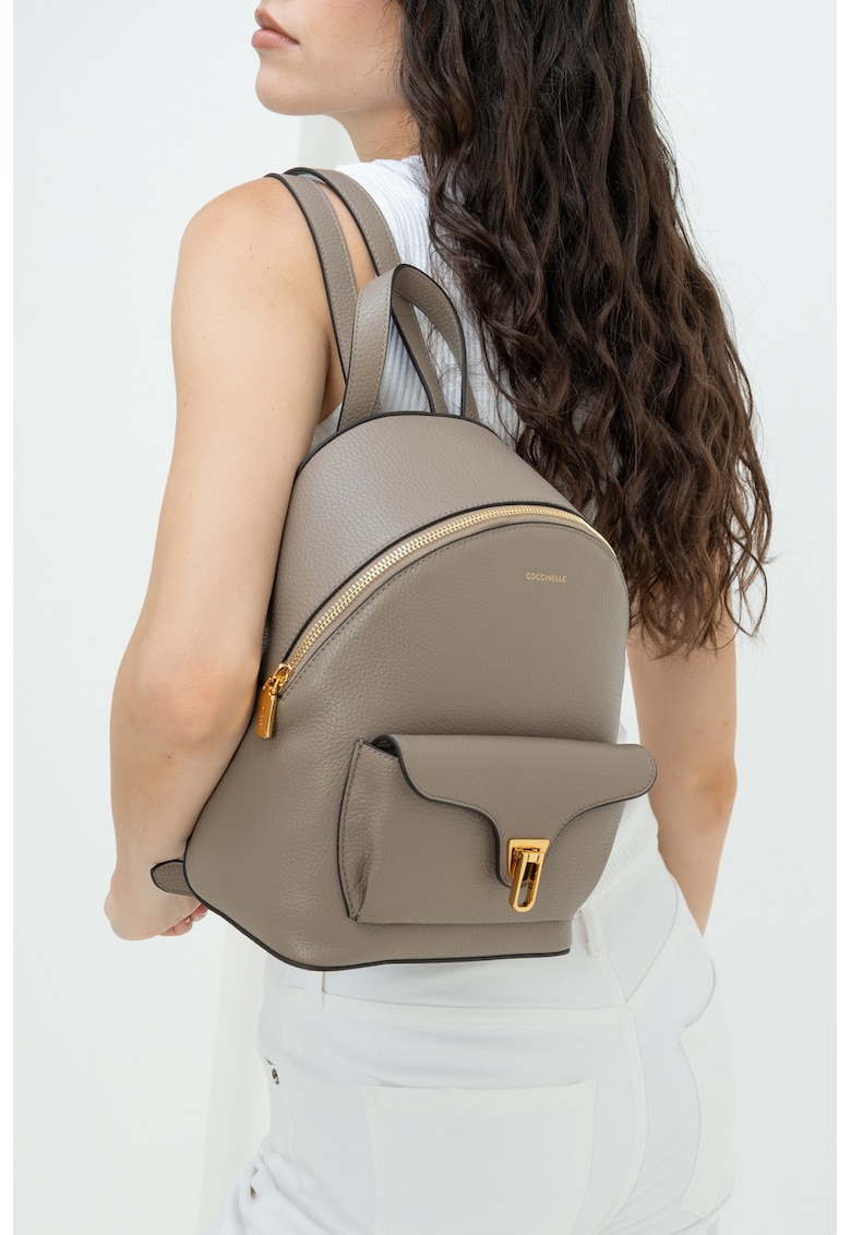 Coccinelle Rucsac de piele cu detaliu logo Beat Generatio - Auriu/Maro taupe