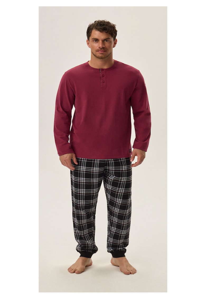 Pijama barbati Honor - bumbac - zmeura si negru - maneca lunga - set bluza si pantaloni