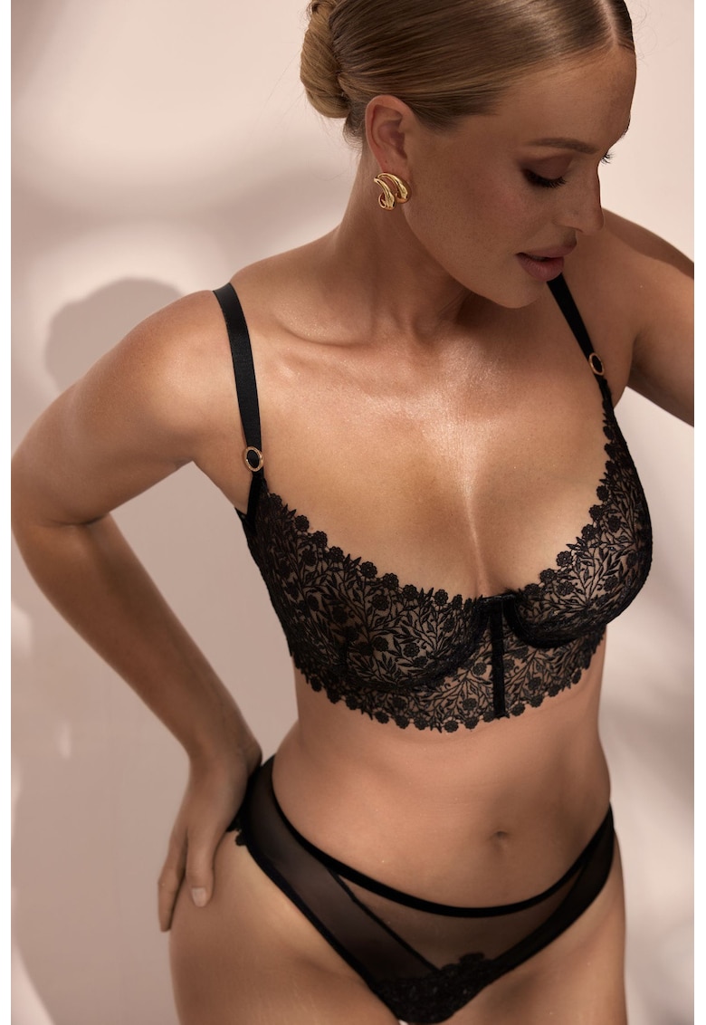 Sutien longline din dantela cu motive florale si garnituri de catifea Liv