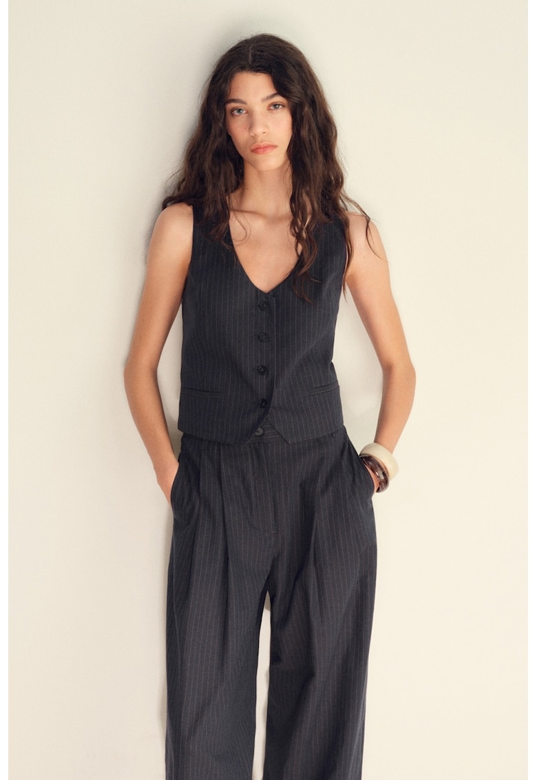 Vesta crop din amestec de in cu buzunare cu refilet
