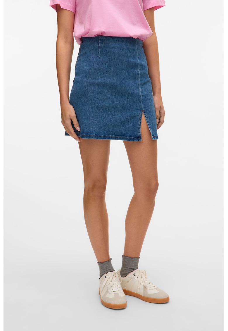 Fusta mini din denim cu talie inalta - Albastru melange