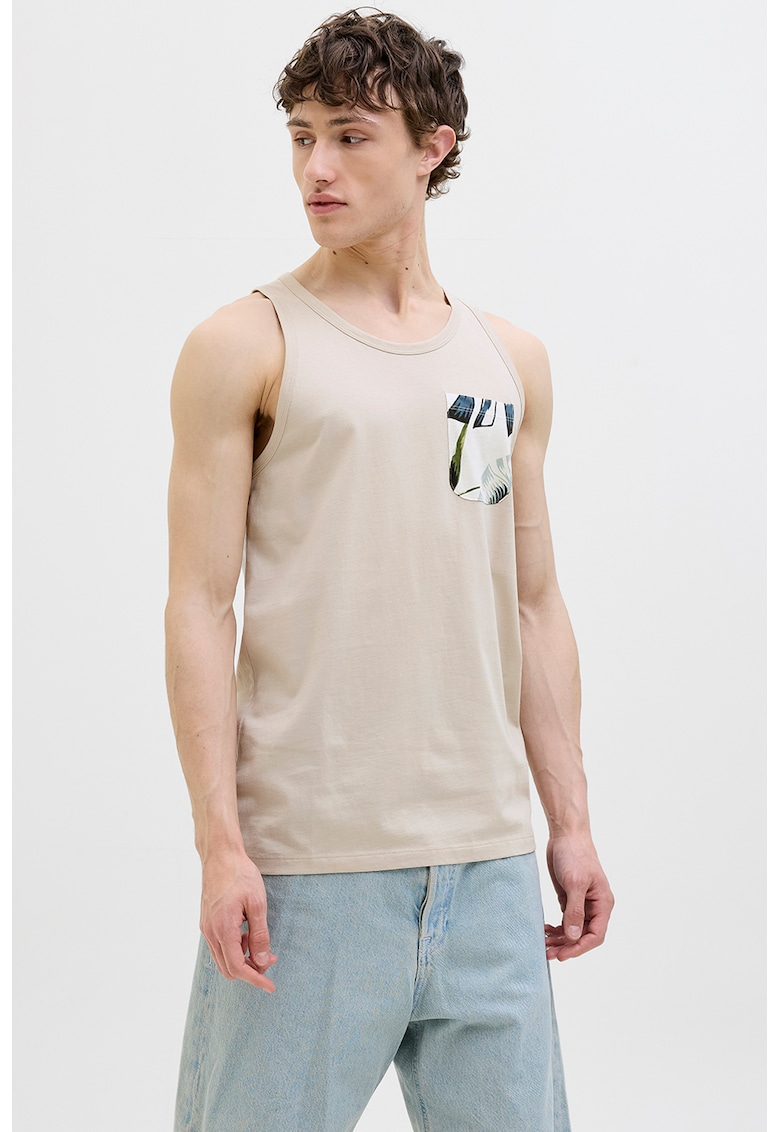 Top din bumbac cu buzunar pe piept