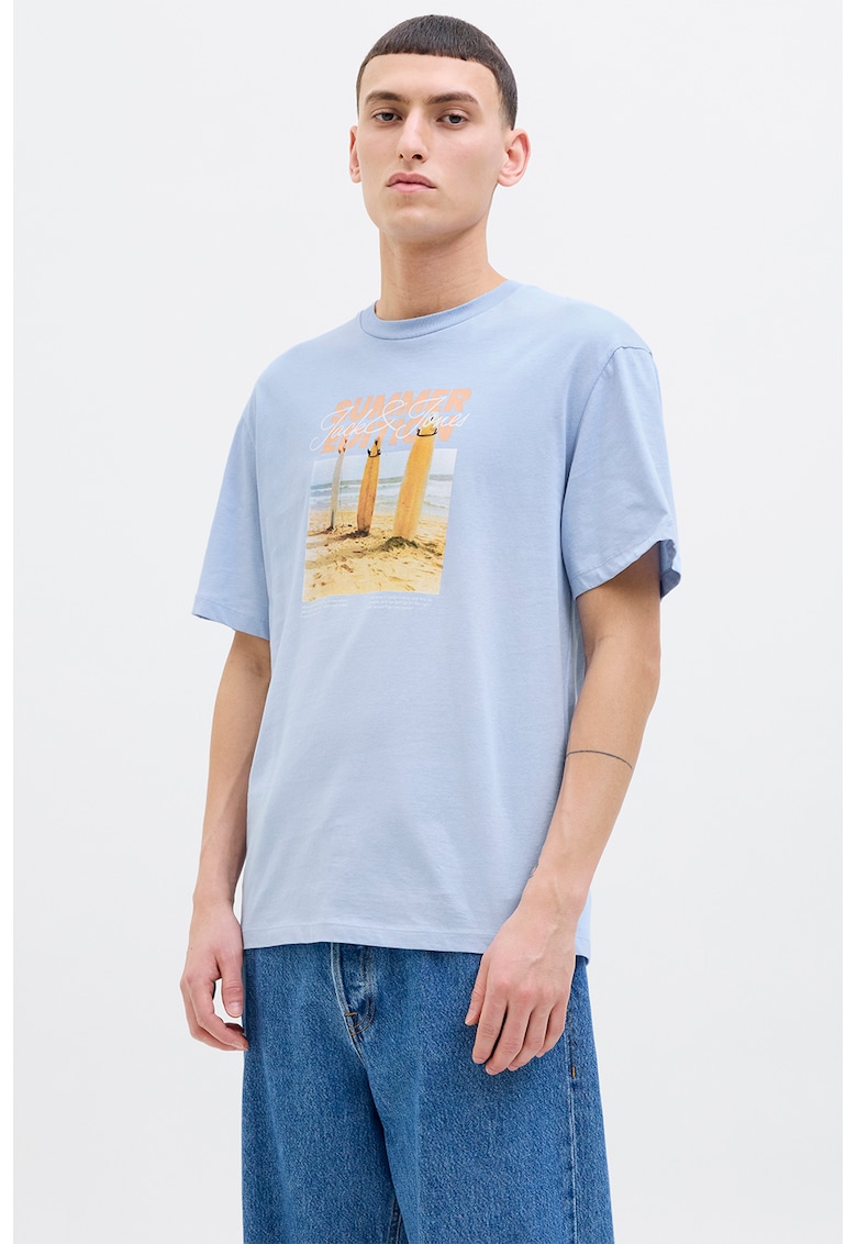 Tricou cu imprimeu grafic si decolteu la baza gatului - Galben/Albastru deschis