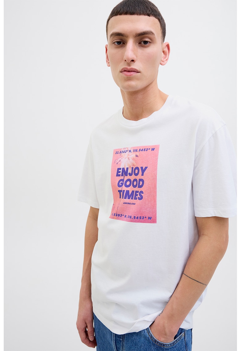 Tricou cu imprimeu grafic si decolteu la baza gatului - Alb/Roz