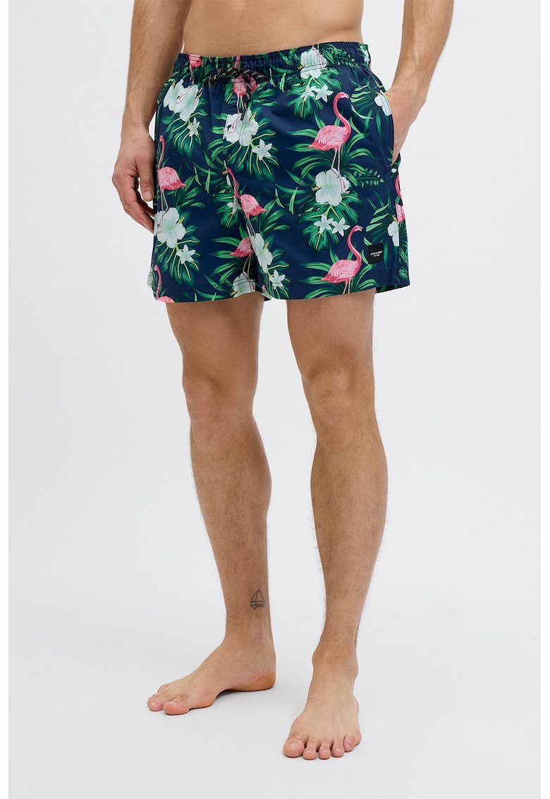 Pantaloni scurti de baie cu model si buzunare laterale - Verde/Bleumarin