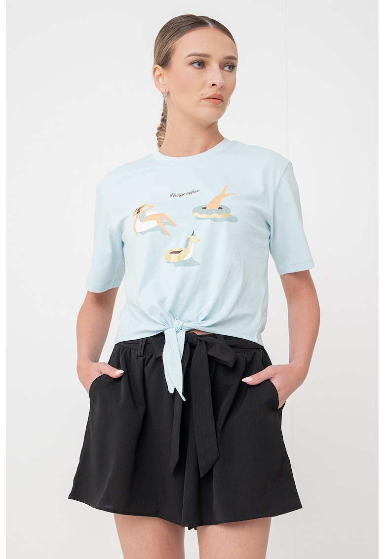 Tricou cu decolteu la baza gatului si detaliu cu imprimeu Tricou cu decolteu la baza gatului si detaliu cu imprimeu