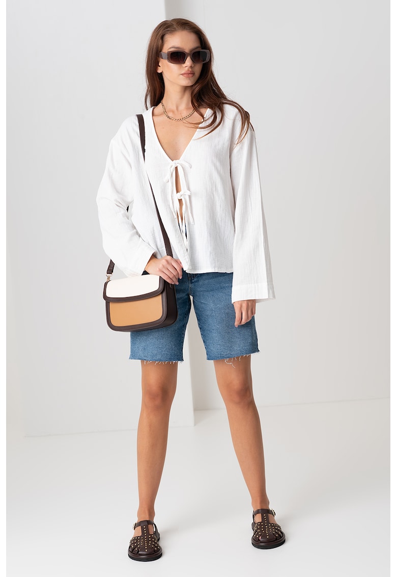 Bluza din bumbac organic cu decolteu in V si detaliu cu funda