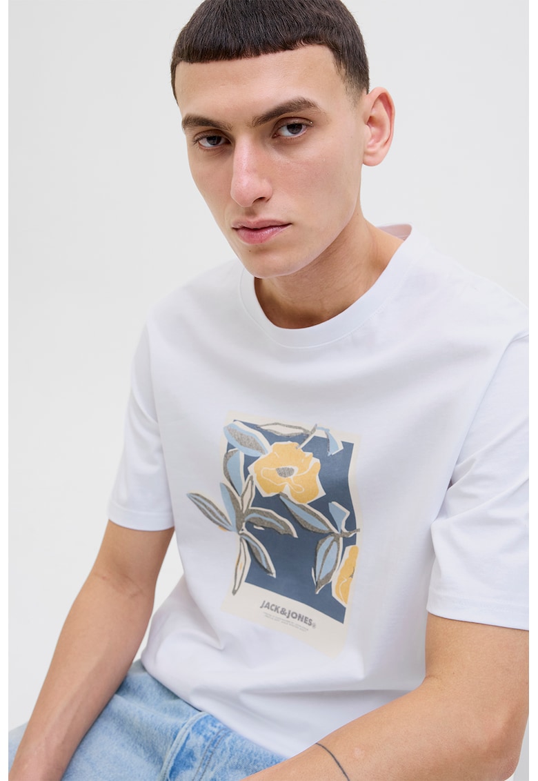 Tricou lejer cu imprimeu - Alb/Galben/Bleumarin