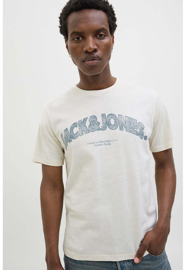 Tricou din bumbac cu imprimeu logo - Alb fildes/Verde persan