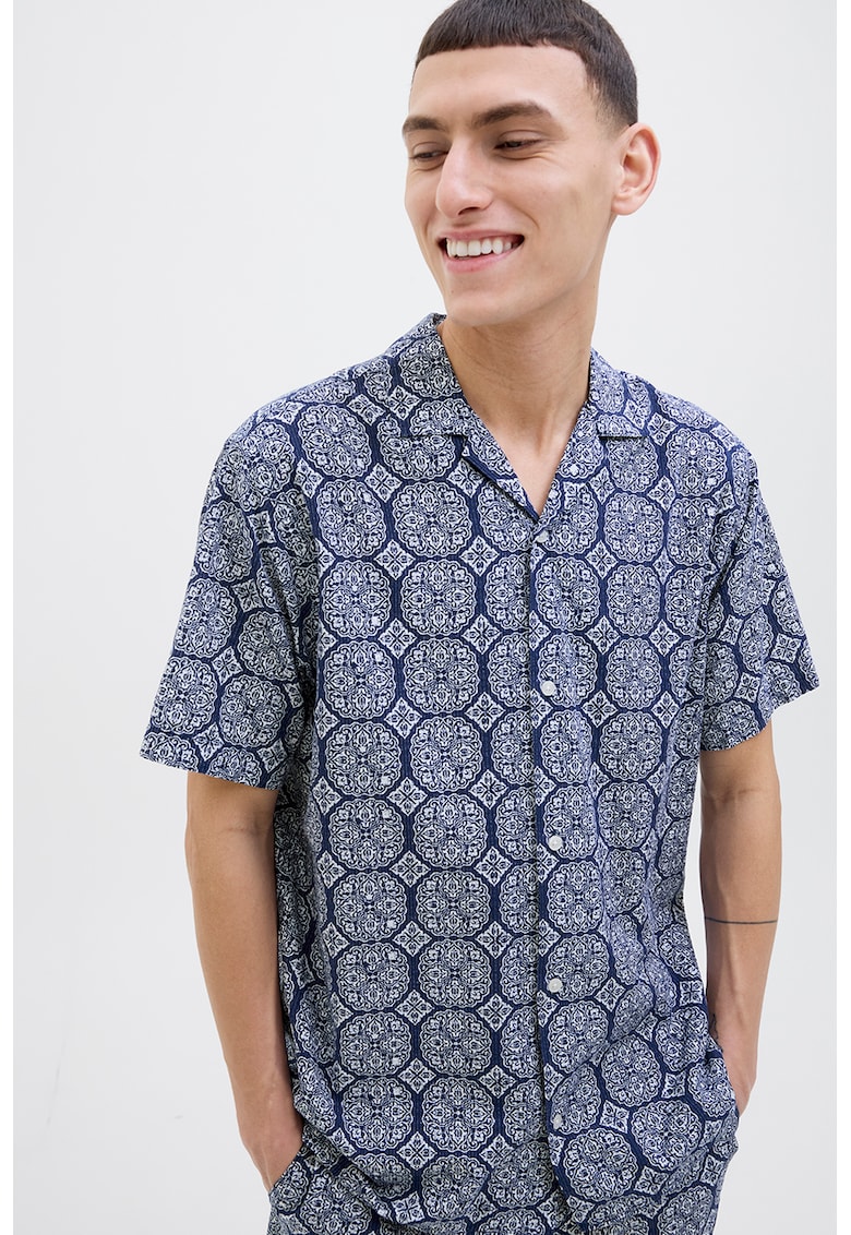 Camasa lejera cu model geometric - Albastru inchis/Alb murdar