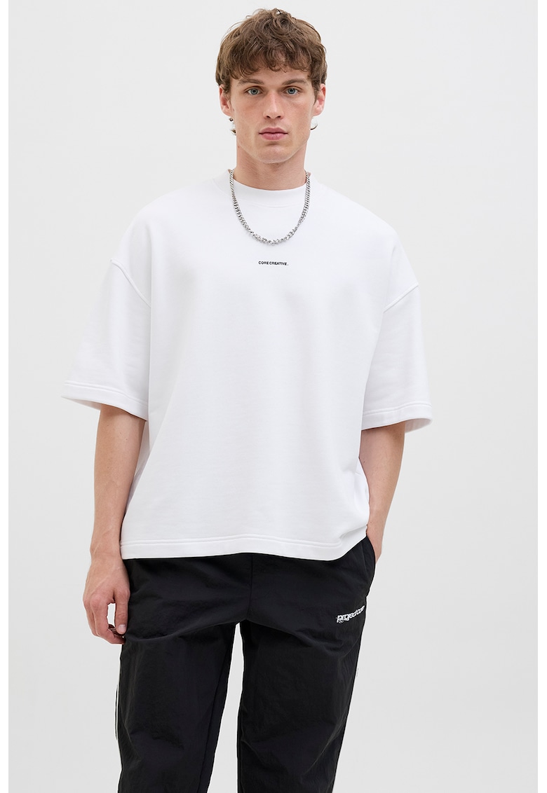 Tricou cu decolteu la baza gatului si imprimeu text - Negru/Alb murdar