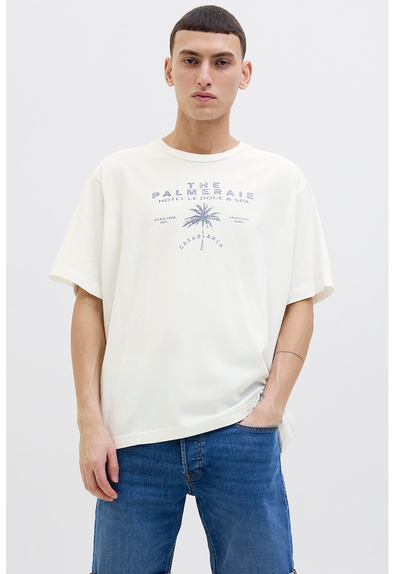 Tricou cu imprimeu text - Alb fildes/Albastru inchis