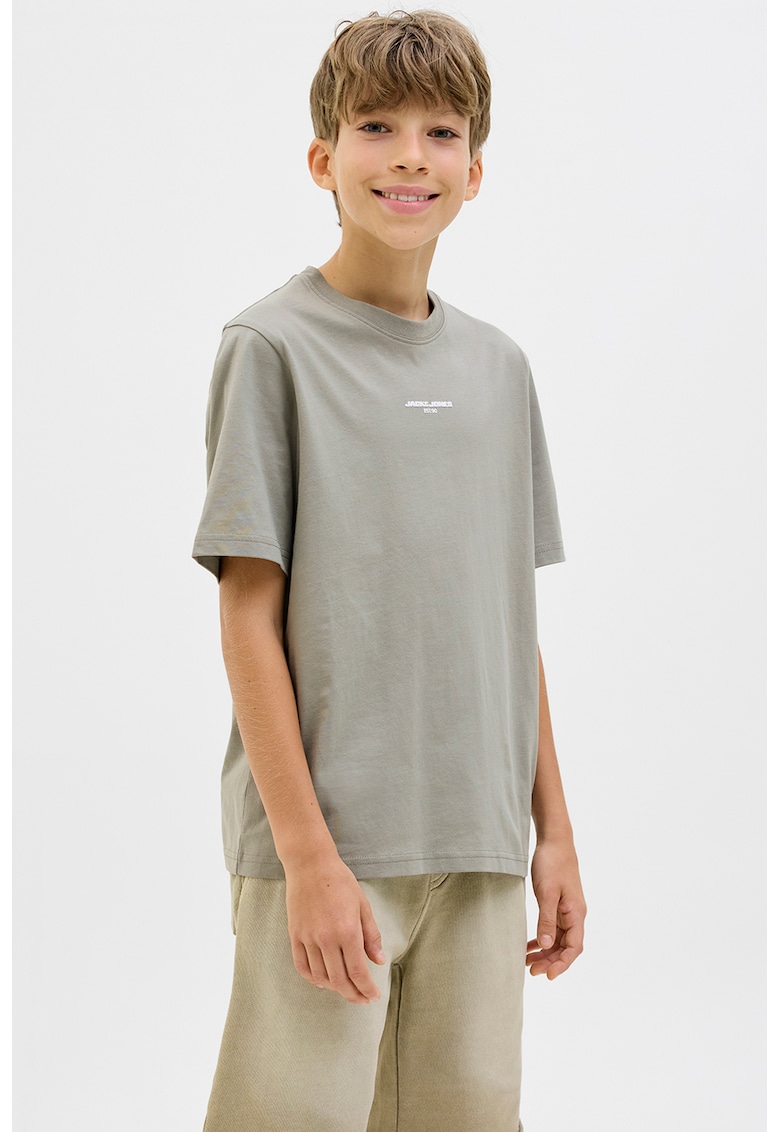 Tricou cu imprimeu si decolteu la baza gatului - Gri cenusiu/Alb murdar/Roz