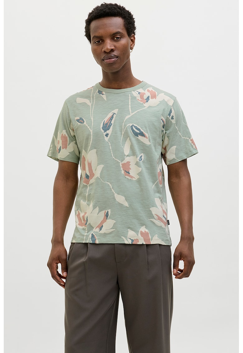 Tricou cu decolteu la baza gatului si imprimeu - Alb fildes/Caramiziu/Verde deschis