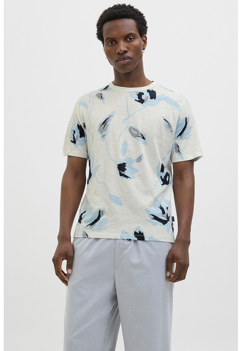 Tricou cu decolteu la baza gatului si imprimeu - Albastru ultramarin/Alb murdar/Albastru deschis