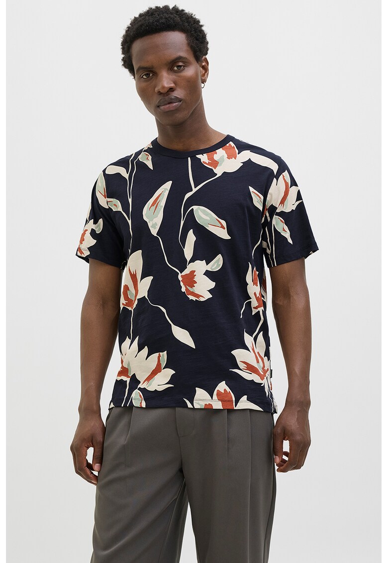 Tricou cu decolteu la baza gatului si imprimeu - Alb fildes/Albastru ultramarin/Caramiziu