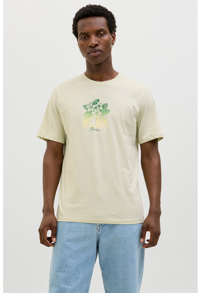 Tricou cu decolteu la baza gatului si logo - Verde/Bej deschis