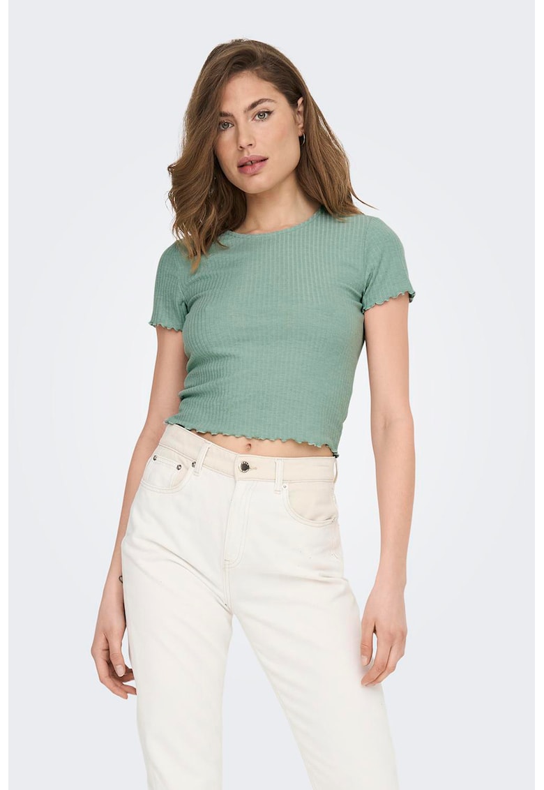 Tricou crop cu croiala slim-fit si aspect striat