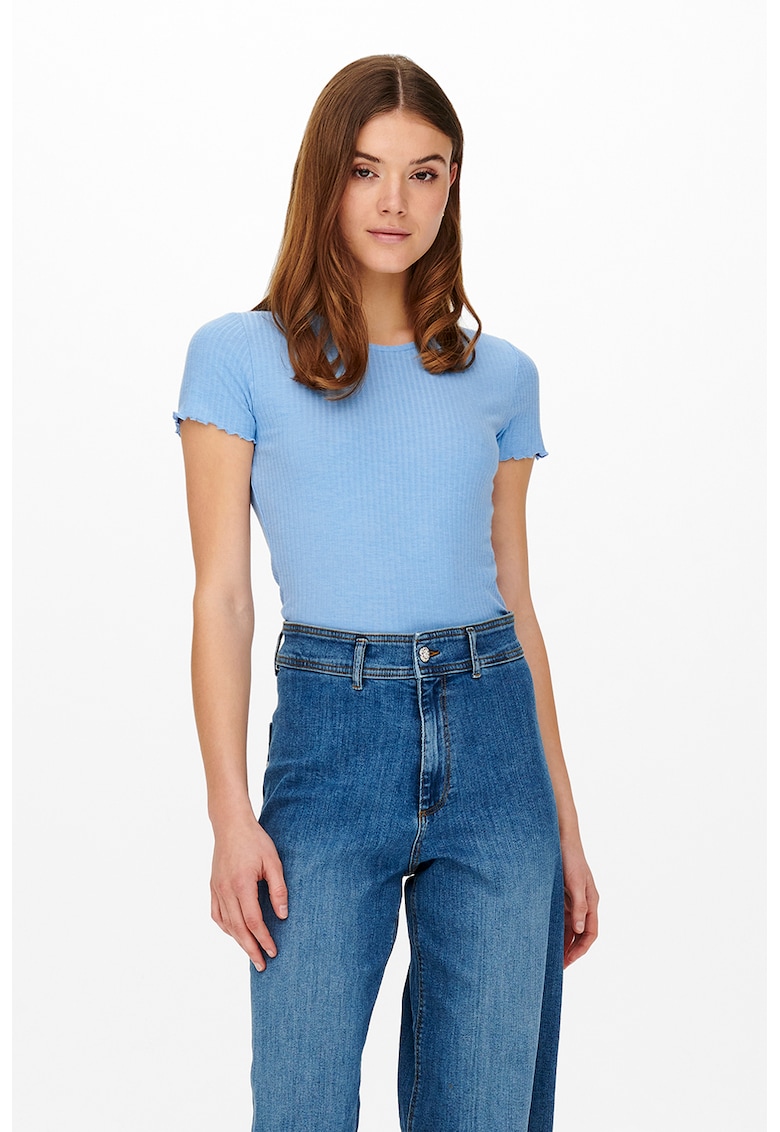 Tricou crop cu croiala slim-fit si aspect striat