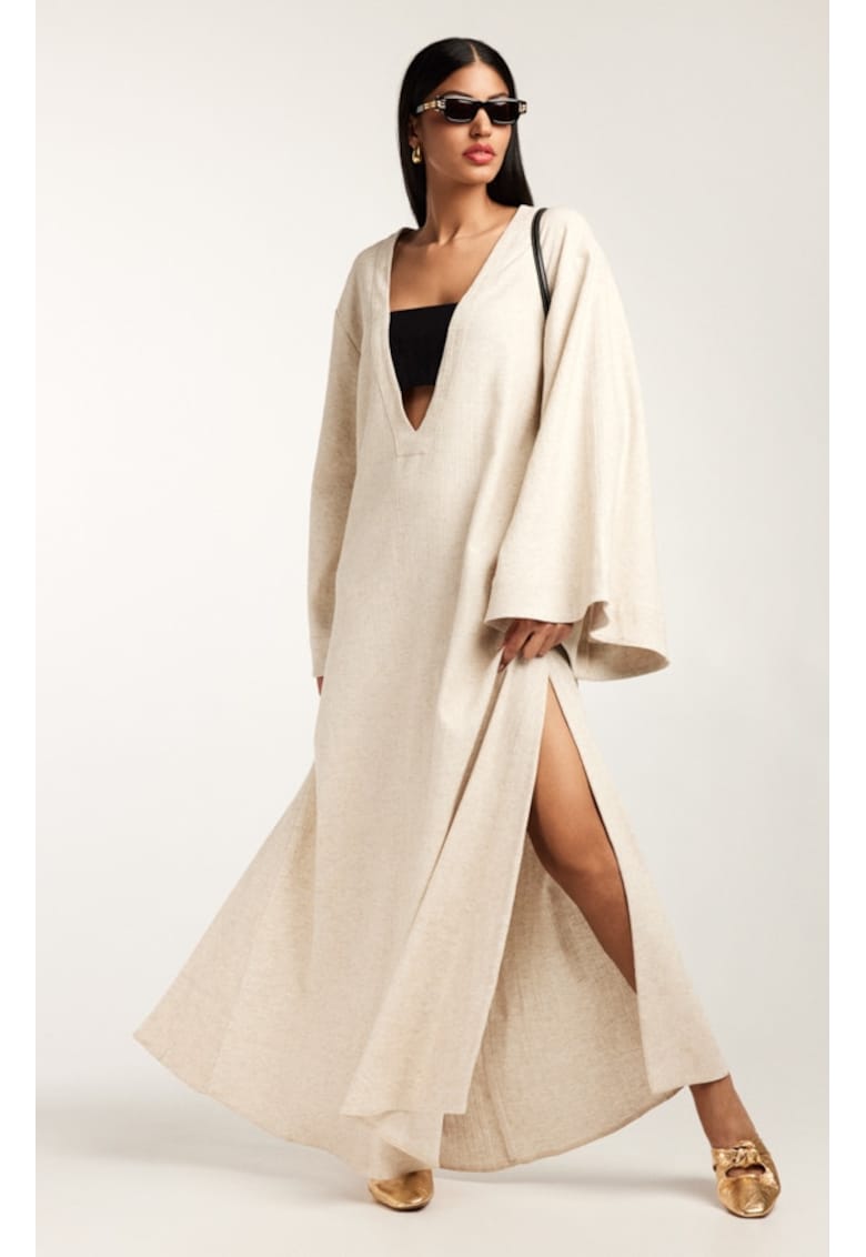 Rochie vaporoasa lunga crem din in si bumbac texturat cu decolteu in V Rabat