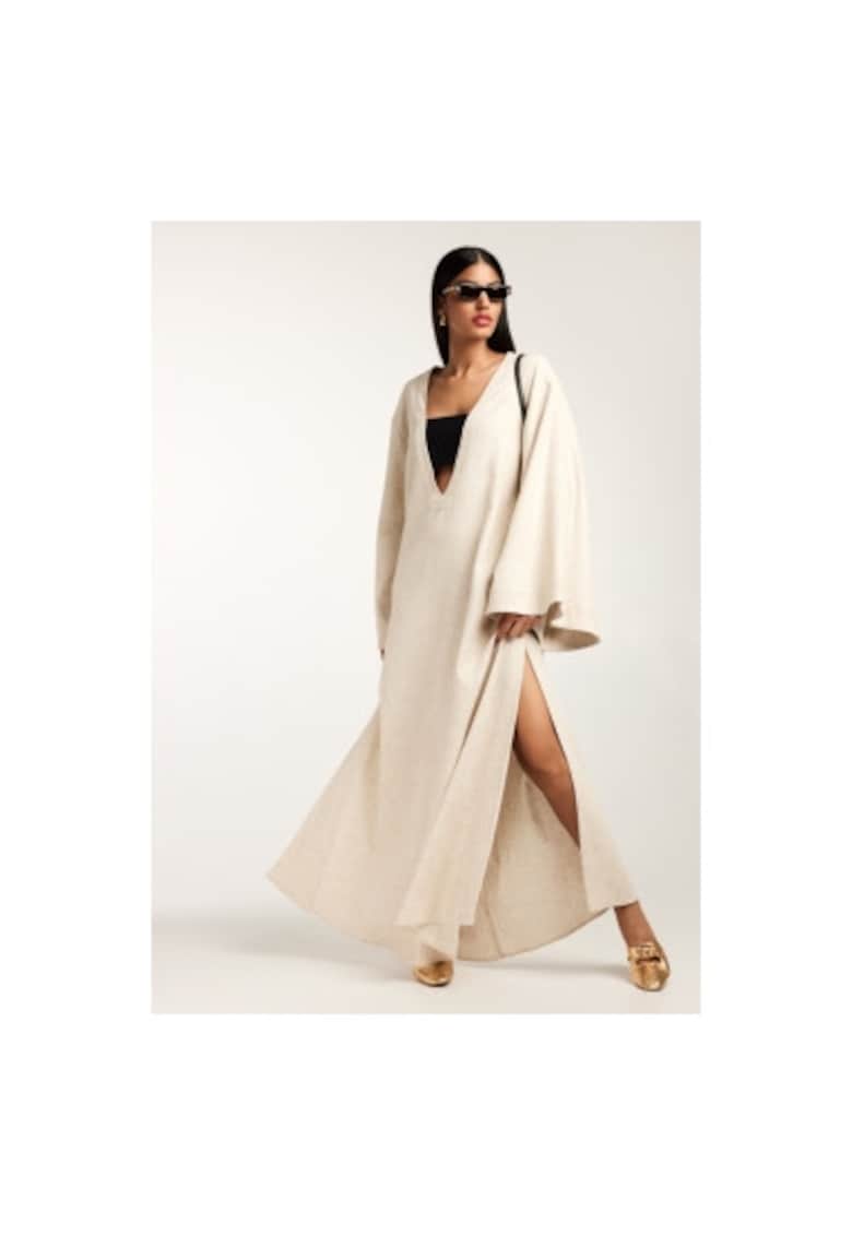 Rochie vaporoasa lunga crem din in si bumbac texturat cu decolteu in V Rabat Rochie vaporoasa lunga crem din in si bumbac texturat cu decolteu in V Rabat