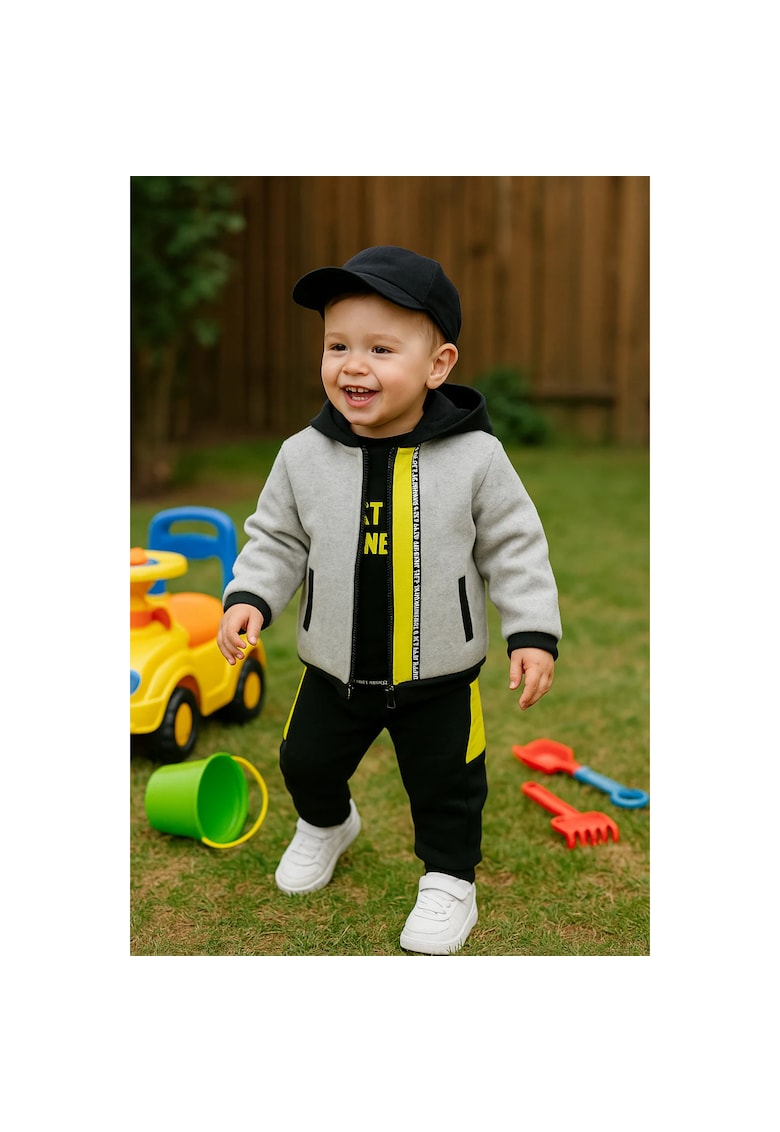 Hanorac cu gluga neagra si fermoar galben  - City Boys - Gri - pentru baietei
